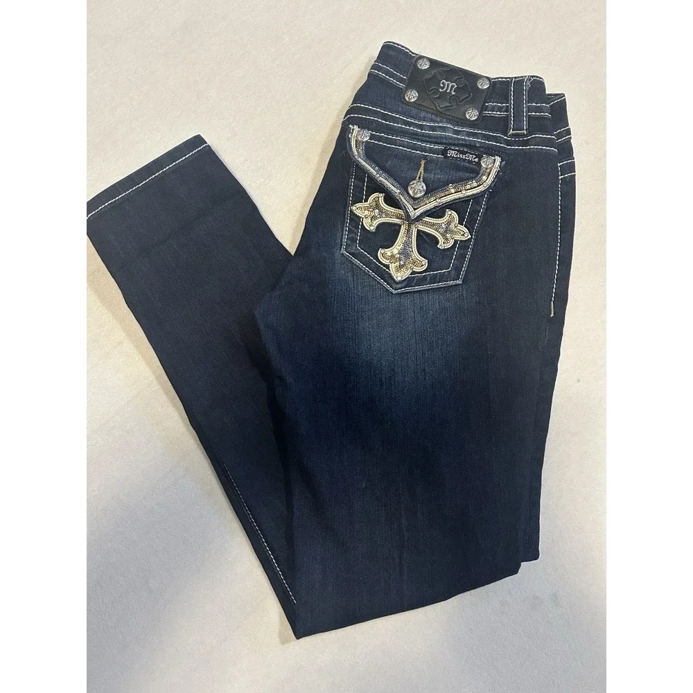 MISS ME Signature Sequin Cross Low Rise Rhinestone Flap Skinny Jeans‎ SZ 30